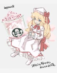 Rule 34 | blonde hair, blue eyes, bow, bowtie, brand name imitation, capelet, commentary request, dress, fairy, fairy wings, hat, hecatia lapislazuli, highres, koyane (silver81106), lily white, long hair, red bow, red bowtie, shoes, smoothie, starbucks, touhou, translation request, white capelet, white dress, white footwear, white headwear, wings
