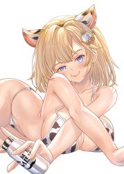 Rule 34 | 1girl, :t, absurdres, animal ears, animal print, bikini, blonde hair, blue eyes, blush, bottle, breasts, cleavage, cow ears, cow print, crossed arms, fake animal ears, hair ornament, highres, hololive, hololive english, honkivampy, large breasts, looking at viewer, lying, milk bottle, on stomach, short hair, simple background, smile, solo, swimsuit, virtual youtuber, watson amelia, white background