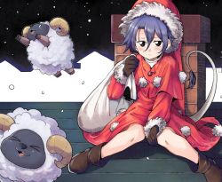 Rule 34 | 1girl, alternate color, anarogumaaa, animal, black eyes, black gloves, blue hair, brown footwear, capelet, chimney, commentary request, doremy sweet, dress, gloves, hair between eyes, hat, holding, knees together feet apart, looking at viewer, night, night sky, outdoors, pom pom (clothes), red dress, rooftop, sack, santa costume, santa hat, sheep, shoes, short hair, sky, snowing, solo, tail, tapir tail, touhou, winter