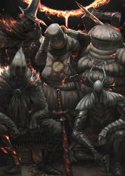 Rule 34 | 6+boys, abyss watcher, arm on knee, arm up, armor, black armor, black gloves, black hair, black pants, boots, breastplate, cape, capelet, chainmail, character request, commentary, dark, dark souls (series), dark souls i, dark souls iii, eclipse, elbow gloves, embers, fake horns, full armor, full body, fur cape, gauntlets, gloves, greatsword, greaves, hand on head, helm, helmet, highres, holding, holding sword, holding weapon, horned helmet, horns, knight, mimic, mimic chest, monster, moon, multiple boys, open mouth, over shoulder, pants, pauldrons, planted, planted sword, planted weapon, plate armor, psp kuangre wanjia, red capelet, removing helmet, shaded face, sheath, sheathed, short hair, shoulder armor, siegmeyer of catarina, silver knight (dark souls), sir vilhelm, sitting, solaire of astora, solar eclipse, standing, sun, sun symbol, surcoat, sword, teeth, tongue, tongue out, vambraces, weapon