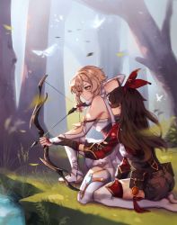 Rule 34 | 2girls, absurdres, amber (genshin impact), arrow (projectile), bare shoulders, blonde hair, bow (weapon), brown hair, dress, ex1l1um, forest, genshin impact, gloves, goggles, grass, hair between eyes, hair ornament, hair ribbon, highres, holding, holding weapon, long hair, long sleeves, lumine (genshin impact), multiple girls, nature, one eye closed, red ribbon, ribbon, short hair, short shorts, shorts, thighhighs, water, weapon, white dress, yellow eyes