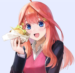 Rule 34 | 1girl, :d, ahoge, black jacket, blazer, blue eyes, blush, burger, commentary request, food, go-toubun no hanayome, hair between eyes, hair ornament, highres, holding, holding food, ishiyuki, jacket, long hair, looking at viewer, nakano itsuki, open mouth, red hair, red sweater, revision, school uniform, shirt, smile, solo, star (symbol), star hair ornament, sweater, upper body, white shirt