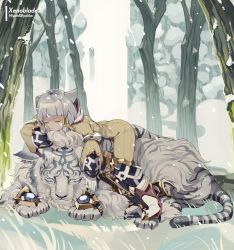 Rule 34 | 1girl, absurdres, animal ears, aroha (aroha390), bad id, bad pixiv id, blunt bangs, bodysuit, cat ears, character name, copyright name, dromarch (xenoblade), facial mark, gloves, grey hair, highres, nia (xenoblade), nintendo, on animal, outdoors, sleeping, snow, snowing, solo, tiger, tree, white gloves, white tiger, xenoblade chronicles (series), xenoblade chronicles 2