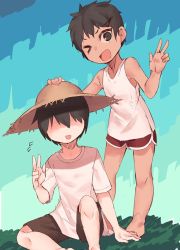 Rule 34 | 1boy, 1girl, :d, black hair, black shorts, child, dolphin shorts, faceless, faceless male, flying sweatdrops, grass, hair ornament, hairclip, hand on another&#039;s head, hat, open mouth, original, red shorts, shirt, short hair, shorts, sitting, sleeveless, smile, standing, straw hat, tan, tomboy, tukimitake, v, white shirt