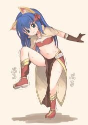 Rule 34 | 1girl, animal ear fluff, animal ears, bikini, bikini top only, blue hair, blush, boots, bow, brown capelet, brown gloves, capelet, cat brooch, cat ears, closed mouth, commentary request, elbow gloves, emurin, flat chest, full body, gloves, green eyes, hair bow, highres, long hair, looking down, mage (ragnarok online), majiko (emurin), medium bangs, midriff, navel, pelvic curtain, ragnarok online, red bikini, red bow, red footwear, red skirt, simple background, skirt, solo, split, standing, standing on one leg, standing split, sweat, swimsuit, trembling, wavy mouth