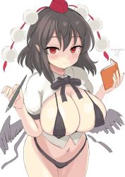 Rule 34 | 1girl, bikini, black bikini, black hair, black neckwear, black ribbon, black wings, book, breasts, closed mouth, commentary request, covered erect nipples, hamaburicchi, hat, highres, holding, holding book, holding pen, large breasts, looking at viewer, navel, pen, pointy ears, red eyes, red hat, ribbon, shameimaru aya, short hair, short sleeves, shrug (clothing), simple background, smile, solo, swimsuit, tokin hat, touhou, twintails, white background, wings