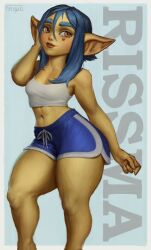 Rule 34 | 1girl, artist name, blue background, blue hair, blue shorts, border, breasts, character name, colored skin, crop top, drawstring, facial tattoo, female goblin, firenger, goblin, green skin, heart, heart tattoo, highres, long hair, looking at viewer, midriff, navel, orange eyes, original, pointy ears, rissma (maewix), short shorts, shorts, small breasts, solo, tank top, tattoo, thick eyebrows, thick thighs, thighs, white border, white tank top