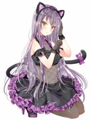 Rule 34 | 1girl, :o, animal ears, bad id, bad twitter id, bang dream!, black gloves, black pantyhose, black shirt, blue neckwear, blush, bow, cat ears, cat tail, choker, clothing cutout, commentary request, fake animal ears, frilled skirt, frilled sleeves, frills, full body, gloves, grey hair, hand on own head, high heels, ito22oji, kneeling, long hair, looking at viewer, minato yukina, navel, pantyhose, paw pose, purple bow, ribbon choker, see-through, shirt, shoulder cutout, simple background, skirt, solo, tail, tail bow, tail ornament, white background, yellow eyes