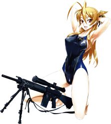 Rule 34 | 1girl, antenna hair, ar-10, armpits, arms behind head, bare legs, barefoot, battle rifle, bipod, breasts, brown hair, competition swimsuit, covered erect nipples, full body, gun, highres, highschool of the dead, kneeling, large breasts, long hair, miyamoto rei, one-piece swimsuit, open mouth, red eyes, rifle, satou shouji, scope, sniper rifle, solo, swimsuit, transparent background, weapon