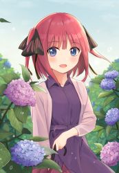 Rule 34 | 1girl, :d, a b2fei96038, absurdres, black ribbon, blue eyes, blunt bangs, blush, breasts, butterfly hair ornament, cardigan, dress, flower, go-toubun no hanayome, hair ornament, highres, holding, holding umbrella, looking at viewer, nakano nino, open mouth, outdoors, pink cardigan, pink hair, purple dress, ribbon, sky, smile, twintails, umbrella, water drop