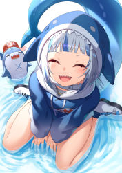 Rule 34 | 1girl, :d, ^ ^, animal hood, bloop (gawr gura), blue hair, blue hoodie, blue jacket, blunt bangs, blush, closed eyes, commentary, english commentary, fins, fish tail, from above, gawr gura, gawr gura (1st costume), highres, hololive, hololive english, hood, hoodie, jacket, long sleeves, multicolored hair, nishino eri, open mouth, shark hood, shark tail, sharp teeth, shoes, sitting, smile, tail, teeth, two-tone hair, upper teeth only, virtual youtuber, water, white hair