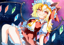 Rule 34 | 1girl, :d, ascot, bad id, bad twitter id, blonde hair, commentary request, fang, feet out of frame, flandre scarlet, frilled shirt collar, frilled skirt, frills, hat, highres, long hair, looking at viewer, mob cap, one side up, open mouth, puffy short sleeves, puffy sleeves, qqqrinkappp, red eyes, red skirt, red vest, shirt, short sleeves, skin fang, skirt, smile, solo, touhou, traditional media, vest, white shirt, wings, yellow ascot