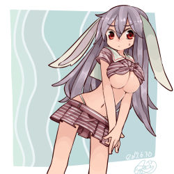 Rule 34 | 1girl, animal ears, aoi kujira, breasts, dated, hair between eyes, large breasts, long hair, looking at viewer, microskirt, navel, purple hair, rabbit ears, red eyes, reisen udongein inaba, sailor collar, shirt, short sleeves, skirt, solo, striped clothes, striped skirt, sweatdrop, tied shirt, touhou, underboob