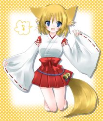 Rule 34 | 1girl, adapted uniform, animal ears, barefoot, blonde hair, blue eyes, fox ears, fox tail, japanese clothes, kneeling, miko, short hair, solo, tail