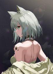 Rule 34 | 1girl, absurdres, animal ear fluff, animal ears, arknights, back, back focus, backless dress, backless outfit, bare shoulders, breasts, cat ears, closed mouth, commentary, dekubaba, detached collar, dress, from behind, gradient background, green dress, green eyes, grey background, grey hair, highres, kal&#039;tsit (arknights), lens flare, light particles, looking at viewer, looking back, material growth, medium breasts, open clothes, oripathy lesion (arknights), profile, revision, short hair, shoulder blades, solo, strapless, strapless dress, upper body