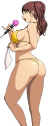 Rule 34 | 1girl, ass, bikini, breasts, brown hair, highres, kujikawa rise, large breasts, lipstick, makeup, microphone, open mouth, persona, persona 4, shadow rise, sideboob, smile, solo, stormfeder, swimsuit, thighs, third-party edit, thong bikini, twintails, yellow bikini, yellow eyes
