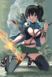 Rule 34 | 1girl, arm guards, arrow (projectile), bare shoulders, between breasts, black camisole, black hair, black panties, blue cloak, blue eyes, blush, bow (weapon), bracelet, breasts, camisole, chourui keiko, cleavage, cloak, commentary request, forest, full body, glowing arrow, grass, green skirt, grey legwear, groin, hair between eyes, highleg, highleg panties, highres, holding, holding arrow, holding bow (weapon), holding weapon, jewelry, kneeling, large breasts, leg warmers, long hair, looking at viewer, midriff, nature, navel, original, panties, parted lips, quiver, sandals, shadow, side ponytail, sidelocks, skirt, solo, strap between breasts, underwear, vambraces, weapon