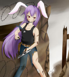 Rule 34 | 1girl, animal ears, bandaid, barbed wire, blood, rabbit ears, cigarette, contemporary, female focus, gun, injury, long hair, purple hair, red eyes, reisen udongein inaba, shiromamekei, solo, torn clothes, touhou, very long hair, weapon