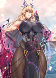 Rule 34 | 1girl, abs, armor, bare shoulders, biceps, black dress, black gloves, blonde hair, breasts, brown pantyhose, chain, covered navel, dress, elbow gloves, barghest (fate), barghest (second ascension) (fate), fate/grand order, fate (series), gauntlets, gloves, green eyes, hands on own hips, heterochromia, horns, huge breasts, long hair, looking at viewer, muscular, muscular female, narrow waist, pantyhose, pauldrons, pelvic curtain, red eyes, shoulder armor, sideboob, single gauntlet, single pauldron, solo, sword, thighs, toned, weapon, zucchini
