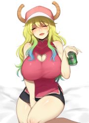 Rule 34 | 10s, 1girl, bad id, bad twitter id, bare shoulders, baseball cap, beer can, between legs, bike shorts, black shorts, blonde hair, blue hair, blush, breasts, can, cleavage, cleavage cutout, clothing cutout, collarbone, covered navel, dragon girl, dragon horns, drink can, drunk, eyelashes, gradient hair, green hair, hair between eyes, hand between legs, hat, heart, heart cutout, holding, holding can, horns, kobayashi-san chi no maidragon, large breasts, long hair, looking at viewer, lucoa (maidragon), multicolored hair, on bed, open mouth, pink hat, pink shirt, ribbed shirt, shirt, shorts, simple background, sitting, sleeveless, sleeveless shirt, smile, solo, terupancake, turtleneck, white background