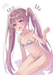 1girl absurdres alternate_costume artist_logo bikini brown_hair fang hat highres hizaka kantai_collection leotard libeccio_(kancolle) long_hair mini_hat notice_lines one-hour_drawing_challenge red_eyes side-tie_bikini_bottom simple_background sitting smile solo strapless strapless_leotard striped_bikini striped_clothes swimsuit twintails twitter_username white_background