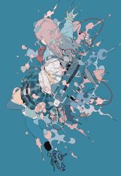 Rule 34 | 1girl, bag, blue background, daisukerichard, earphones, from behind, highres, partially submerged, pink hair, school uniform, solo, water