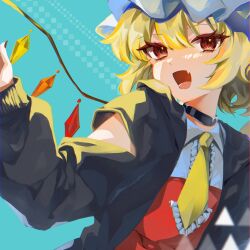 Rule 34 | 1girl, alternate costume, black choker, black jacket, blonde hair, choker, clothing cutout, collared shirt, crystal, curly hair, eyes visible through hair, fang, flandre scarlet, frilled necktie, hat, highres, jacket, light blue background, long sleeves, looking at viewer, maguri rei, medium hair, mob cap, necktie, open clothes, open jacket, open mouth, red eyes, red vest, shirt, shoulder cutout, skin fang, solo, touhou, triangle, vest, white hat, wings, yellow necktie