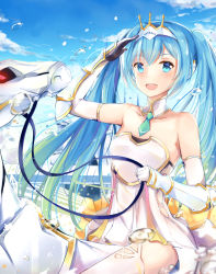 Rule 34 | 1girl, bad id, bad pixiv id, day, elbow gloves, gloves, hatsune miku, highres, horseback riding, long hair, looking at viewer, necktie, open mouth, race queen, racing miku, racing miku (2015), riding, salute, sky, tailam, thighhighs, twintails, very long hair, vocaloid