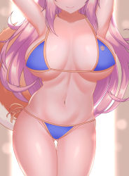 Rule 34 | 1girl, absurdres, arms up, bare shoulders, bikini, blue bikini, breasts, close-up, closed mouth, cowboy shot, fang, fang out, fate/grand order, fate (series), fox tail, gluteal fold, head out of frame, highres, jifuwabe, large breasts, light smile, lips, long hair, navel, pink hair, side-tie bikini bottom, solo, stomach, swimsuit, tail, tamamo (fate), tamamo no mae (fate/extra), tamamo no mae (swimsuit lancer) (fate), thigh gap