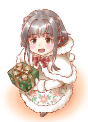 Rule 34 | 1girl, black hair, box, braid, brown eyes, commentary request, dress, floral print, frilled ribbon, frills, from above, fur-trimmed dress, fur trim, gift, gift box, highres, kantai collection, karasu (naoshow357), official alternate costume, ribbon, short hair, short hair with long locks, side braids, smile, solo, twin braids, ukuru (kancolle), white dress
