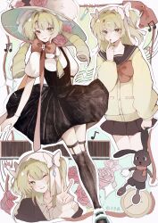 Rule 34 | + +, 1girl, absurdres, black dress, black skirt, black thighhighs, bow, buzheng du, chinese commentary, clock, closed mouth, commentary request, dress, drill hair, eighth note, flower, green eyes, green headwear, green sweater, hair ribbon, hat, hat flower, highres, large hat, long hair, long sleeves, looking at viewer, multiple views, musical note, one eye closed, pinafore dress, pink flower, pink rose, pleated skirt, puffy short sleeves, puffy sleeves, red bow, reverse:1999, ribbon, rose, school uniform, shirt, short sleeves, skirt, sleeveless, sleeveless dress, smile, sotheby, staff (music), stuffed animal, stuffed rabbit, stuffed toy, sweater, thighhighs, twin drills, two side up, very long hair, white ribbon, white shirt