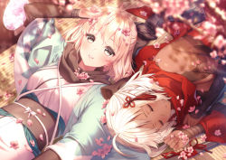 Rule 34 | 2girls, ahoge, arm guards, arm up, black scarf, blonde hair, blurry, blurry foreground, blush, branch, closed eyes, commentary request, dark-skinned female, dark skin, depth of field, fate/grand order, fate (series), flower, grey eyes, japanese clothes, kimono, koha-ace, looking at viewer, lying, multiple girls, obi, okita souji (fate), okita souji (koha-ace), okita souji alter (fate), on back, on side, open clothes, parted lips, petals, pink flower, rosuuri, sash, scarf, shade, smile, white hair, white kimono