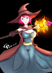 Rule 34 | 1girl, 2018, bad anatomy, black background, breasts, brown hat, cape, cleavage, dated, dress, elbow gloves, fantasy, female focus, fire, glasses, gloves, goblin slayer!, green dress, green eyes, hat, highres, large breasts, magic, red hair, short hair, simple background, smile, solo, staff, teeth, witch hat, wizard (goblin slayer!)