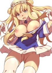 Rule 34 | 1girl, blonde hair, blue shirt, breasts, cleft of venus, fletcher (kancolle), gloves, grey eyes, half gloves, hands up, kantai collection, large breasts, long hair, looking at viewer, miniskirt, neckerchief, nipples, no panties, off shoulder, open mouth, pussy, shirt, simple background, skirt, solo, standing, takemura sessyu, thighhighs, two side up, uncensored, white background, white gloves, white skirt, white thighhighs, wide-eyed, wind, wind lift, yellow neckerchief