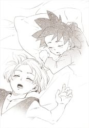 Rule 34 | 2boys, bare shoulders, bed, bed sheet, black hair, blush, clenched hands, dougi, dragon ball, dragonball z, drooling, fukuko fuku, greyscale, long sleeves, lying, male focus, monochrome, multiple boys, open mouth, pillow, saliva, short hair, sleeping, son goten, spiked hair, teeth, trunks (dragon ball)