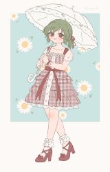 Rule 34 | 1girl, alternate costume, aqua background, bare arms, blue background, blush, border, bow, buttons, collarbone, commentary, crossed legs, daisy, dot nose, dress, dress bow, dress flower, floral background, flower, footwear bow, frilled dress, frills, full body, gingham, gingham dress, green hair, hair between eyes, hair ribbon, highres, holding, holding umbrella, kazami yuuka, lace, lace-trimmed dress, lace-trimmed umbrella, lace trim, layered dress, blue background, looking at viewer, medium dress, open mouth, outside border, parasol, plaid, plaid dress, ponytail, red bow, red dress, red eyes, red footwear, red ribbon, red sash, ribbon, sakurasaka, sash, see-through, see-through sleeves, short dress, short hair, short ponytail, short sleeves, smile, bow legwear, socks, solo, standing, touhou, umbrella, umbrella bow, unmoving pattern, watson cross, wavy hair, white border, white flower, white socks, white umbrella, wrist bow