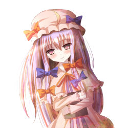 Rule 34 | 1girl, book, female focus, hair ribbon, hat, non (nobu), patchouli knowledge, purple eyes, purple hair, ribbon, simple background, smile, solo, touhou, white background