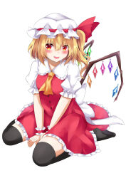 Rule 34 | 1girl, ascot, back bow, between legs, black thighhighs, blonde hair, blush, bow, breasts, collared shirt, crystal, flandre scarlet, frilled shirt collar, frilled skirt, frilled sleeves, frills, full body, hair between eyes, hand between legs, hat, hat ribbon, highres, large bow, looking at viewer, medium hair, multicolored wings, no shoes, one side up, open mouth, puffy short sleeves, puffy sleeves, red eyes, red ribbon, red skirt, red vest, ribbon, shirt, short sleeves, simple background, sitting, skirt, skirt set, small breasts, solo, teeth, thighhighs, touhou, upper teeth only, v arms, vest, wariza, white background, white bow, white hat, white shirt, wings, wrist cuffs, yellow ascot, yuki (snowmaiden)