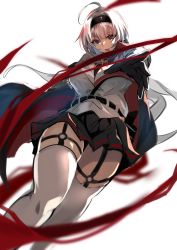 Rule 34 | 1girl, ahoge, azur lane, belt, black belt, black cape, black gloves, black hairband, black skirt, cape, endou (zettai bluenoid), from below, garter straps, gloves, hairband, highres, jacket, long hair, looking at viewer, mainz (azur lane), miniskirt, outstretched arm, pleated skirt, purple eyes, red cape, simple background, skirt, solo, thighhighs, two-tone cape, white background, white hair, white jacket, white thighhighs