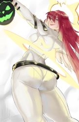 Rule 34 | 1girl, ahoge, arc system works, ass, bodysuit, breasts, broken halo, from behind, gloves, green eyes, guilty gear, guilty gear strive, halo, huge ass, jack-o&#039; valentine, long hair, looking at viewer, medium breasts, open mouth, pantylines, puzzled artist (name), red hair, shiny clothes, sideboob, skin tight, smile, solo, thick thighs, thighs, very long hair