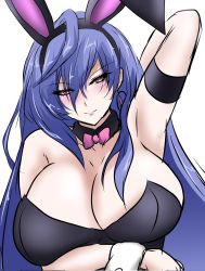 Rule 34 | 1girl, animal ears, arm under breasts, armband, armpits, arms up, blue hair, blush, bow, bowtie, breasts, detached collar, detached sleeves, earrings, fake animal ears, hair between eyes, highres, jewelry, kami jigen game neptune v, large breasts, leotard, long hair, neptune (series), pink bow, pink bowtie, pink eyes, playboy bunny, power symbol, power symbol-shaped pupils, seshiro (which501), simple background, solo, symbol-shaped pupils, upper body, white background