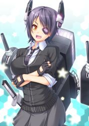 Rule 34 | 10s, 1girl, black hair, breasts, checkered clothes, checkered necktie, checkered neckwear, crossed arms, dress shirt, eyepatch, fingerless gloves, gloves, hair ornament, kantai collection, large breasts, looking at viewer, machinery, miyai sen, necktie, open mouth, shirt, short hair, skirt, smile, solo, star (symbol), tenryuu (kancolle), yellow eyes
