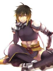 Rule 34 | 1boy, albel nox, armor, brown hair, crop top, gloves, looking at viewer, male focus, midriff, morino mizu, multicolored hair, muscular, red eyes, shoulder armor, simple background, smile, solo, star ocean, star ocean anamnesis, star ocean till the end of time, thighhighs, white background