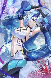Rule 34 | 1girl, ahoge, air bubble, arms up, blue eyes, blue hair, blue nails, bra, braid, breasts, bubble, coral, crossed bangs, demon horns, detached sleeves, ear piercing, fins, fish tail, from side, hair between eyes, heterochromia, highres, horns, indie virtual youtuber, long hair, long sleeves, looking at viewer, looking to the side, maia levia, medium breasts, multicolored hair, nail polish, piercing, pointy ears, scottie (phantom2), second-party source, sleeves past wrists, solo, streaked hair, tail, thighs, underwater, underwear, virtual youtuber, white bra