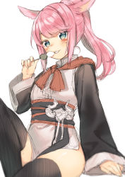 Rule 34 | 1girl, absurdres, animal ears, arm support, black kimono, black thighhighs, blue eyes, blush, commentary request, dango, eating, final fantasy, final fantasy xiv, food, head tilt, high ponytail, highres, holding, holding food, japanese clothes, kimono, long sleeves, looking at viewer, midorikawa you, miqo&#039;te, obi, pink hair, ponytail, red neckwear, sanshoku dango, sash, simple background, sitting, sketch, solo, thighhighs, wagashi, white background, wide sleeves