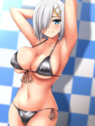 Rule 34 | 1girl, absurdres, armpits, arms behind head, bikini, black bikini, blue eyes, breasts, checkered background, cleavage, commission, covered navel, cowboy shot, embarrassed, front-tie bikini top, front-tie top, grey hair, hair ornament, hair over one eye, hairclip, hamakaze (kancolle), highres, kantai collection, large breasts, pixiv commission, short hair, side-tie bikini bottom, sofmap background, solo, step and repeat, swimsuit, zanntetu