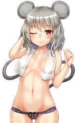 Rule 34 | 1girl, animal ears, blush, breasts, chiroshiron, covering privates, covering breasts, cowboy shot, grey hair, highres, looking at viewer, mouse ears, mouse tail, nazrin, one eye closed, panties, red eyes, short hair, simple background, small breasts, smile, solo, tail, thigh gap, touhou, towel, towel around neck, underwear, white background