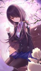 Rule 34 | 1girl, absurdres, black hair, black pantyhose, blazer, blue skirt, blush, breasts, cherry blossoms, collared shirt, date a live, day, gore (white gore), hair over one eye, hair over shoulder, highres, huge filesize, jacket, long hair, looking at viewer, low twintails, medium breasts, neck ribbon, outdoors, pantyhose, pleated skirt, purple jacket, red eyes, ribbon, shirt, sidelocks, sitting, skirt, smile, solo, tokisaki kurumi, twintails, white shirt, wind