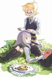 Rule 34 | 10s, 2girls, bad id, bad pixiv id, blonde hair, grass, hair over one eye, hairband, henpei saboten, little witch academia, long hair, lotte jansson, lying, lying on person, multiple girls, on ground, open mouth, orange hair, picnic, purple hair, reading, red eyes, school uniform, short hair, simple background, sucy manbavaran