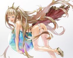 Rule 34 | 10s, 1girl, ball, beachball, bikini, blonde hair, blush, breasts, cagliostro (granblue fantasy), crown, granblue fantasy, hairband, long hair, looking at viewer, open mouth, purple eyes, redjuice, sandals, skirt, small breasts, smile, solo, swimsuit